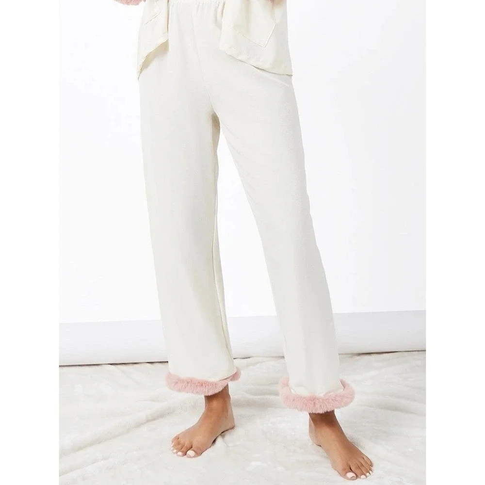 Faux Fur Trim Piped Edge Pyjama Pants Size L